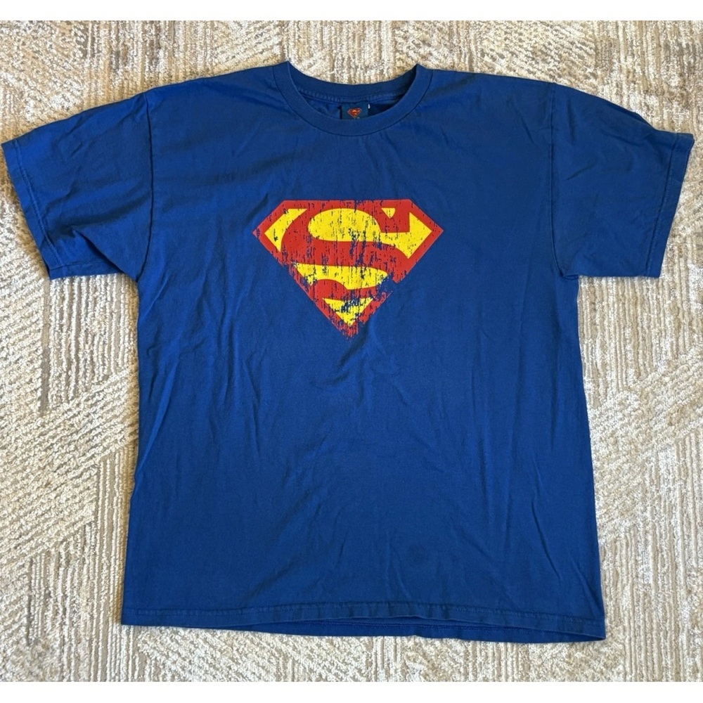 Vintage Superman Tee Shirt Adult Size Large Blue Y2K Big Logo Tag DC Comics